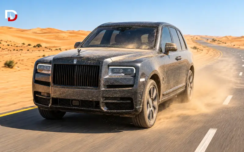 Dust-covered SUV on a desert road.