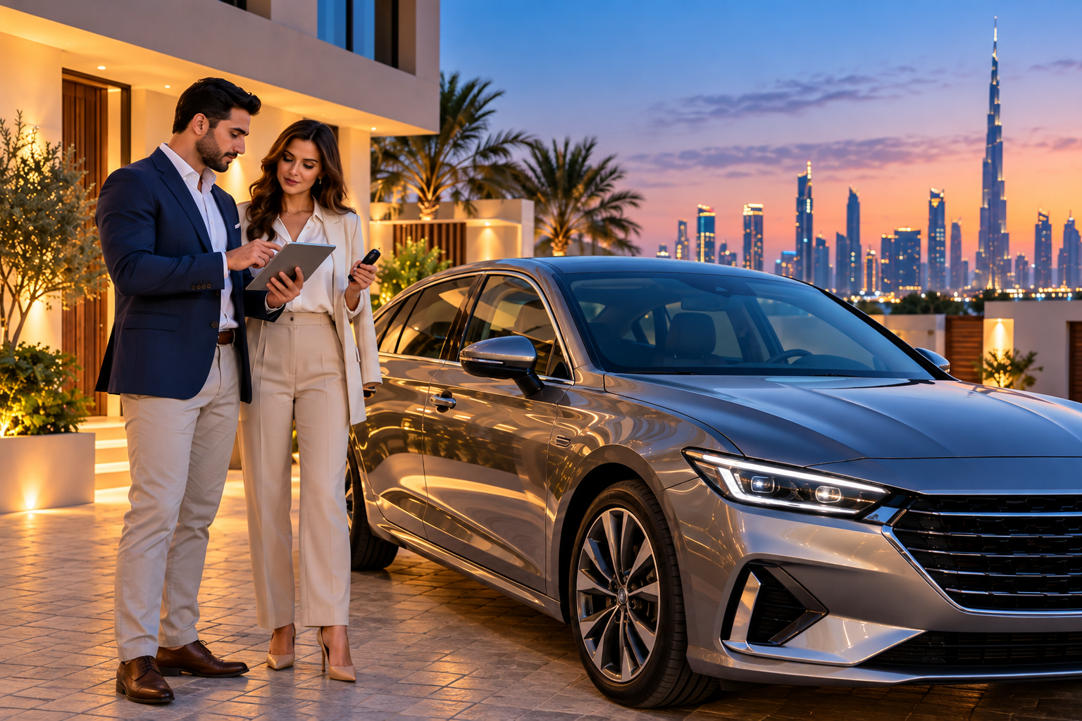 Professional couple reviewing long-term car options beside a sedan in Dubai