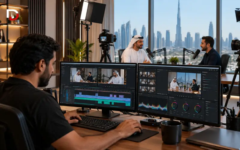 Professional podcast editing studio in Dubai featuring Emirati guests and video production equipment.