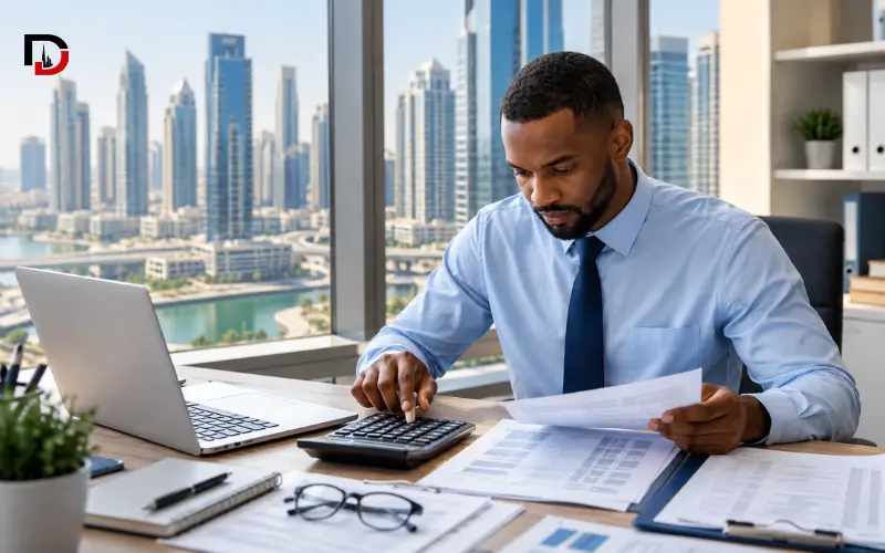 Accountant reviewing financial documents for UAE corporate tax compliance in Dubai.